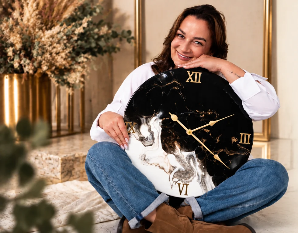 Agnieszka Pasztaleniec z ręcznie odlanym zegarem z żywicy
